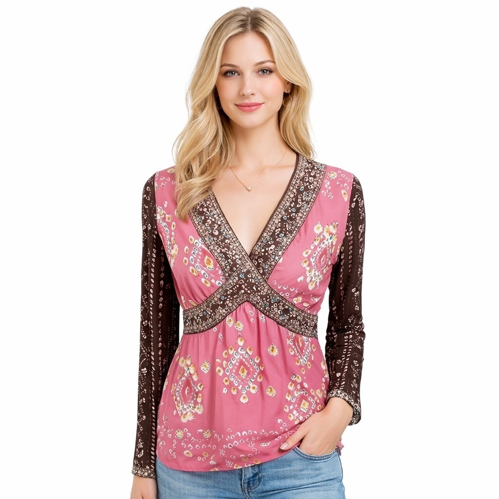 Vintage ECI Pink Print Beaded Top V-Neck 100% Silk Peasant Boho Y2K Size M